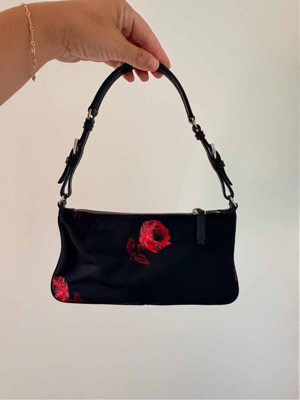 Prada Black Nylon Shoulder Bag with Red Floral Prit - Picture 2 of 7